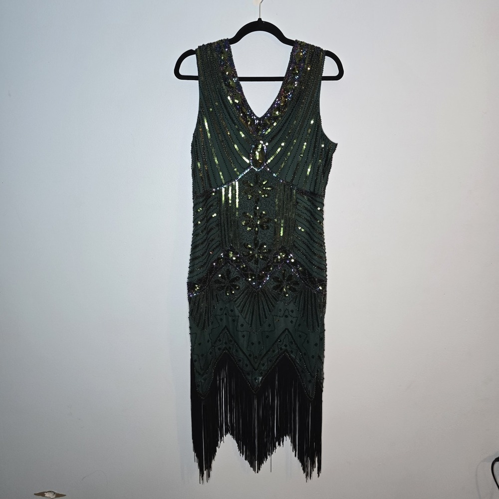 Metme 1920's Style Flapper Dress Emerald Green Sequined Gatsby Party Costume XL